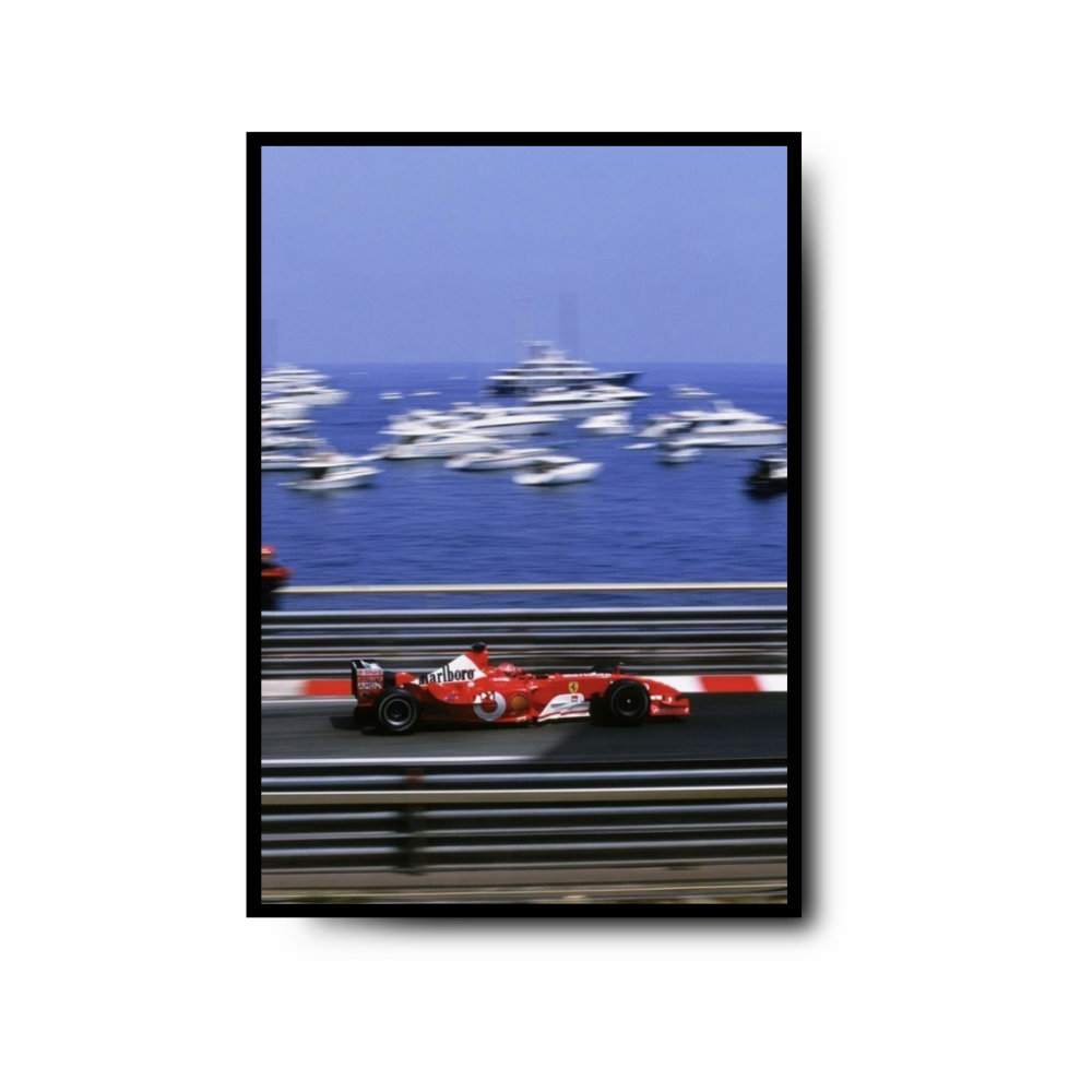 Plakat Ferrari w Monaco na tle jachtów